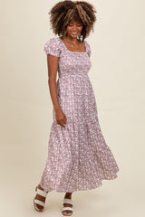 Mauve Floral Puff Sleeve Smocked Maxi Dress