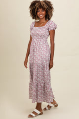 Mauve Floral Puff Sleeve Smocked Maxi Dress