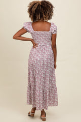 Mauve Floral Puff Sleeve Smocked Maxi Dress