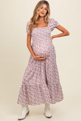 Mauve Floral Puff Sleeve Smocked Maternity Maxi Dress