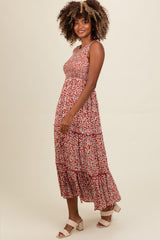 Rust Floral Sleeveless Ruffle Tiered Maxi Dress