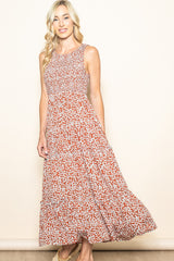 Rust Floral Sleeveless Ruffle Tiered Maxi Dress