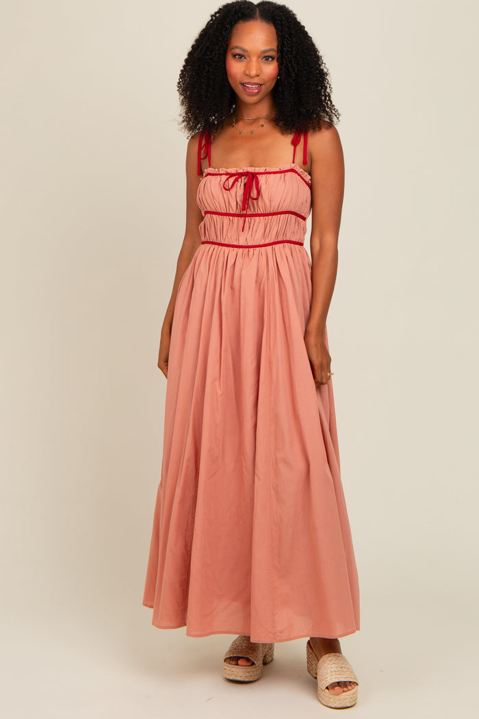 Salmon Contrast Ribbon Trim Maternity Maxi Dress
