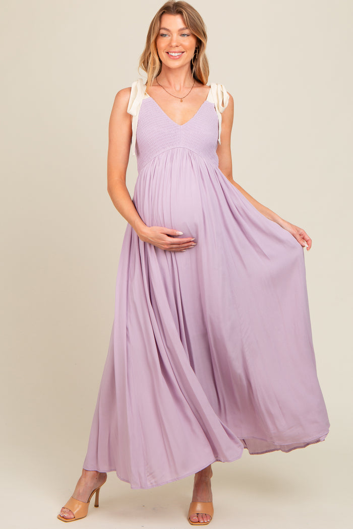 Lavender Contrast Shoulder Tie Smocked Maternity Maxi Dress