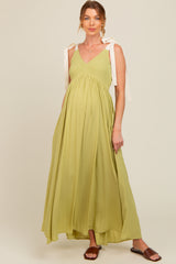 Lime Contrast Shoulder Tie Smocked Maternity Maxi Dress