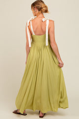 Lime Contrast Shoulder Tie Smocked Maternity Maxi Dress