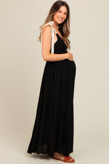 Black Contrast Shoulder Tie Smocked Maternity Maxi Dress