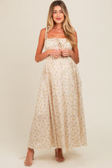 Cream Floral Ruched Bust Shoulder Tie Maternity Maxi Dress