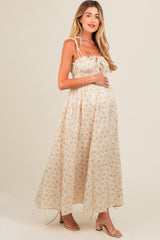 Cream Floral Ruched Bust Shoulder Tie Maternity Maxi Dress