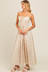 Cream Floral Ruched Bust Shoulder Tie Maxi Dress