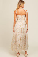 Cream Floral Ruched Bust Shoulder Tie Maxi Dress