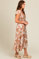 Camel Leaf Print Off Shoulder Smocked Midi Dress