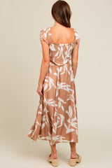 Camel Leaf Print Off Shoulder Smocked Midi Dress
