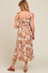 Camel Leaf Print Off Shoulder Smocked Maternity Midi Dress