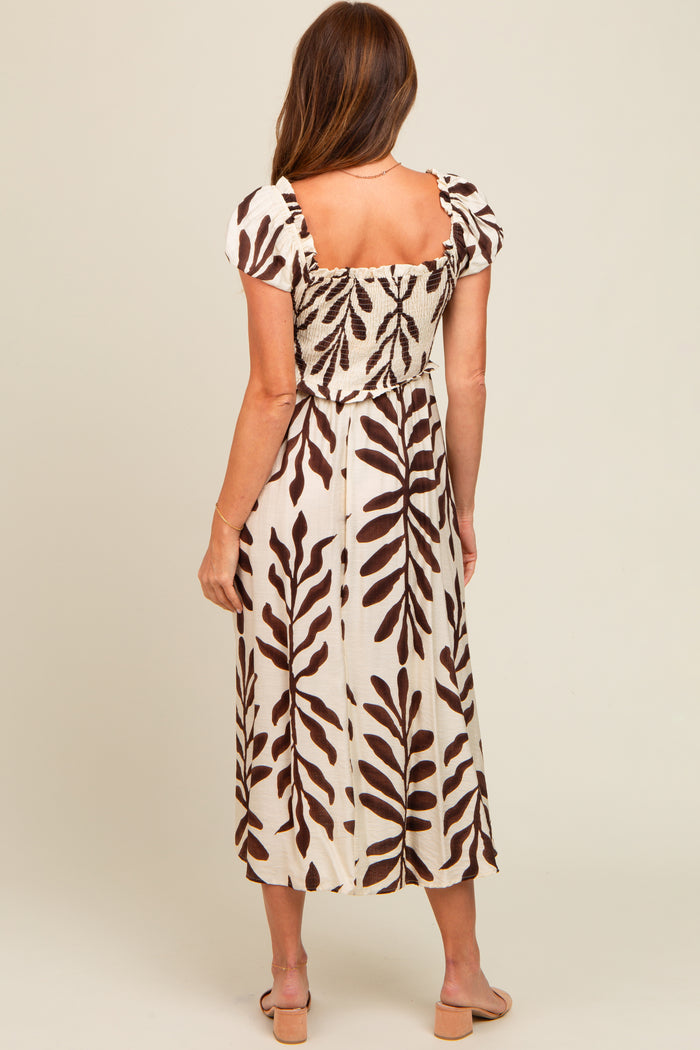 Brown Leaf Print Off Shoulder Smocked Midi Dress
