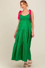 Green Contrast Shoulder Straps Maternity Maxi Dress