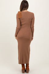 Mocha Shoulder Bow Detail Maternity Midi Knit Dress