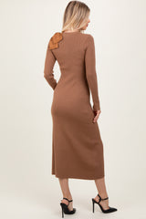 Mocha Shoulder Bow Detail Midi Knit Dress