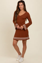 Mocha V-Neck Pleated Knit Dress