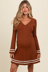 Mocha V-Neck Pleated Maternity Knit Dress