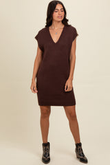 Brown Contrast Stitch V-Neck Maternity Mini Sweater Dress