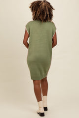 Light Olive Contrast Stitch V-Neck Mini Sweater Dress