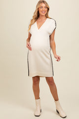 Ivory Contrast Stitch V-Neck Maternity Mini Sweater Dress