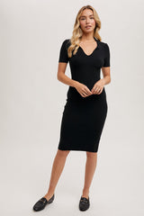 Black Knit Collared V-Neck Fitted Midi Dress