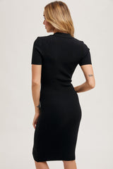 Black Knit Collared V-Neck Fitted Midi Dress