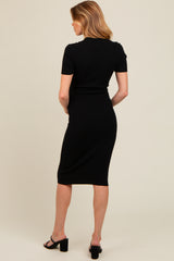 Black Knit Collared V-Neck Fitted Maternity Midi Dress