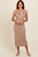 Beige Knit Sleeve Tie Detail Maternity Midi Dress