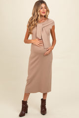 Beige Knit Sleeve Tie Detail Maternity Midi Dress