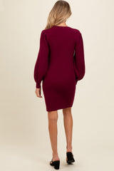 Burgundy Bubble Sleeve Maternity Sweater Dress