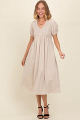 Beige Smocked V-Neck Puff Sleeve Midi Dress