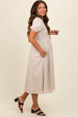 Beige Smocked V-Neck Puff Sleeve Maternity Midi Dress