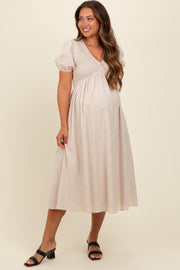 Beige Smocked V-Neck Puff Sleeve Maternity Midi Dress