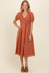 Rust Smocked V-Neck Puff Sleeve Midi Dress