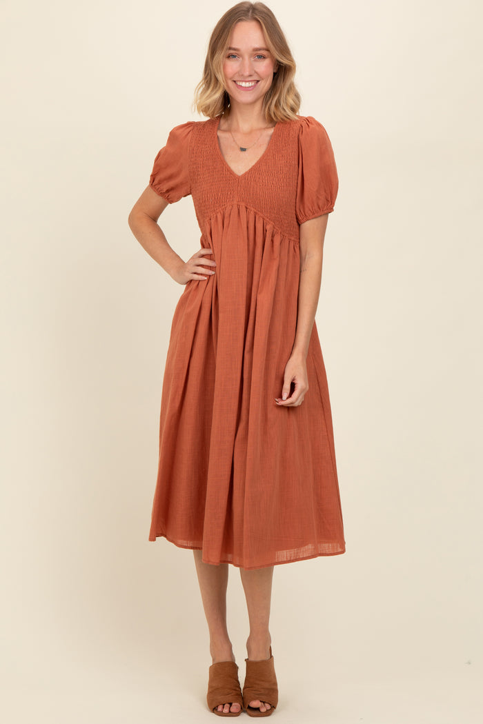 Rust Smocked V-Neck Puff Sleeve Maternity Midi Dress