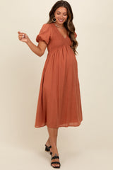 Rust Smocked V-Neck Puff Sleeve Maternity Midi Dress