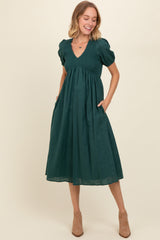 Green Smocked V-Neck Puff Sleeve Midi Dress