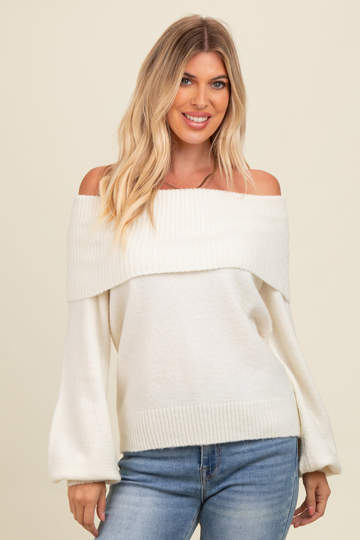 Ivory Off Shoulder Foldover Maternity Sweater