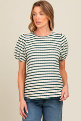 Emerald Green Striped Textured Puff Sleeve Maternity Top