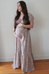 Cream Floral Button Accent Maternity Maxi Dress