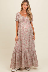 Cream Floral Button Accent Maternity Maxi Dress