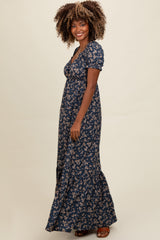 Navy Blue Floral Button Accent Maxi Dress