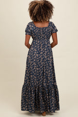 Navy Blue Floral Button Accent Maxi Dress