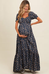 Navy Blue Floral Button Accent Maternity Maxi Dress