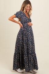 Navy Blue Floral Button Accent Maternity Maxi Dress