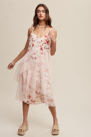 Blush Romantic Floral Print Midi Dress With Drapey Mesh