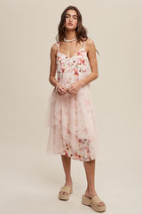 Blush Romantic Floral Print Midi Dress With Drapey Mesh